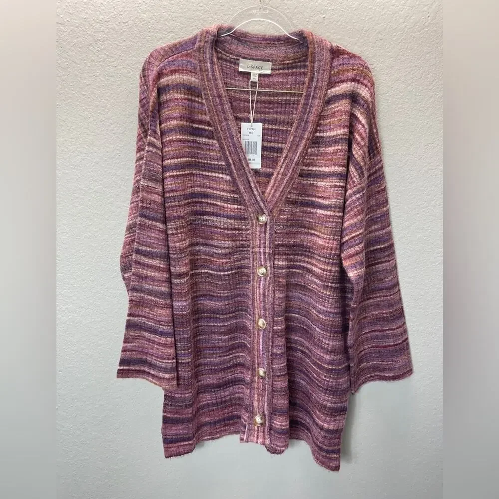 L Space Striped Long Cardigan Pink Purple Open Knit Lounge Sweater